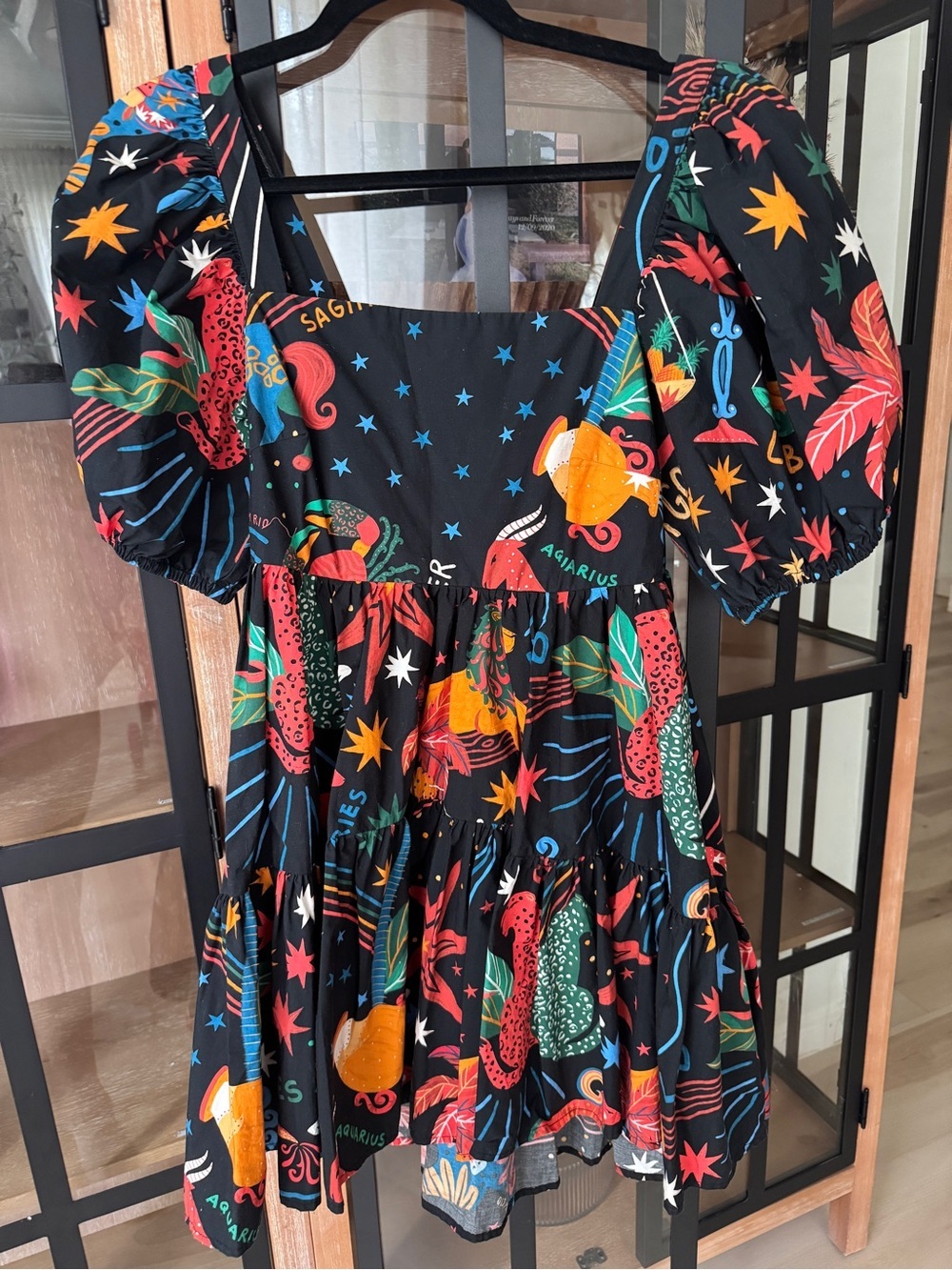Farm Rio zodiac mini dress babydoll puff short sleeve colorful print - Picture 2 of 6